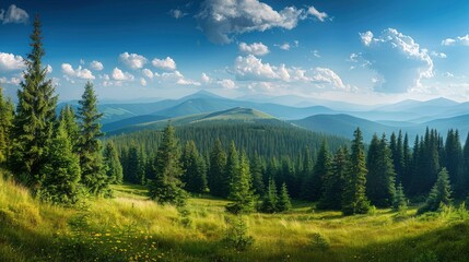 Magnificent panoramic view the coniferous forest on the mighty Carpathians Mountains and beautiful blue sky background. Beauty of wild virgin Ukrainian nature. Peacefulness , ai