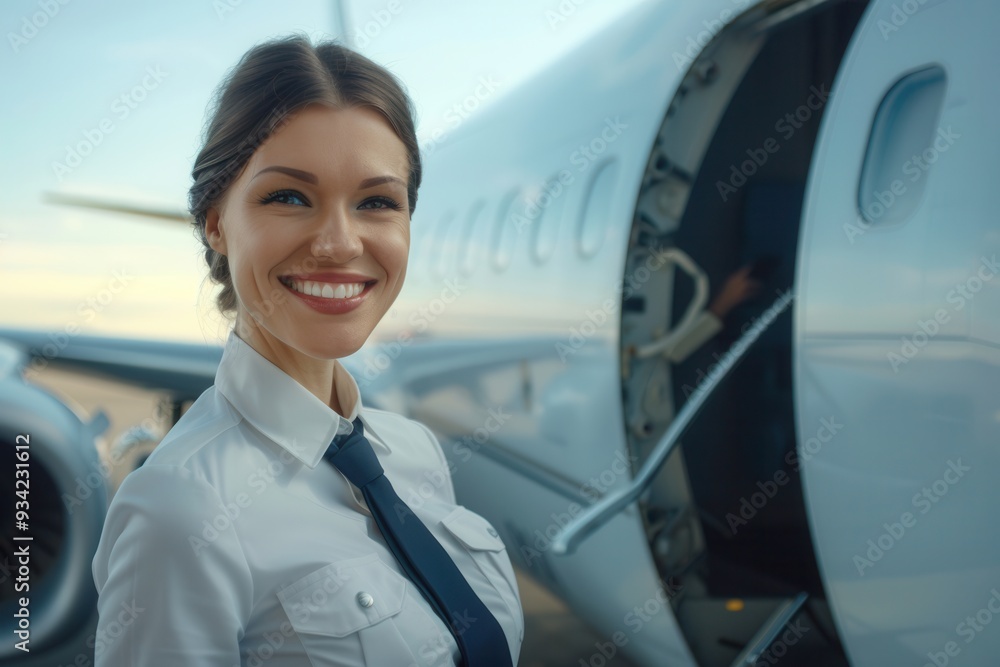 Poster a flight attendant greets passengers with a smile near the open door of a parked airplane at the air