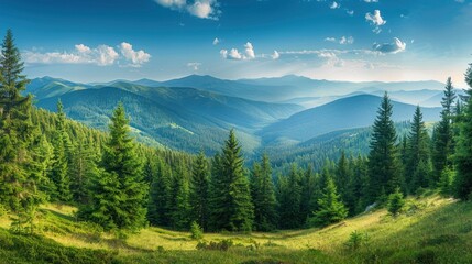 Magnificent panoramic view the coniferous forest on the mighty Carpathians Mountains and beautiful blue sky background. Beauty of wild virgin Ukrainian nature. Peacefulness , ai
