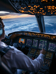 Pilot in the cockpit, interior shot of a commercial airline pilot focused on the controls during a flight, high-altitude clouds visible through the window