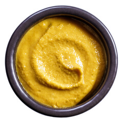 Black ceramic bowl with mustard isolated top view