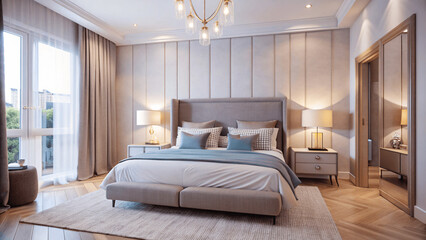 A modern bedroom with a neatly made bed, decorative pillows, and soft lighting