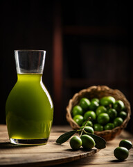 Extra virgin olive oil in a glass bottle and green olives
