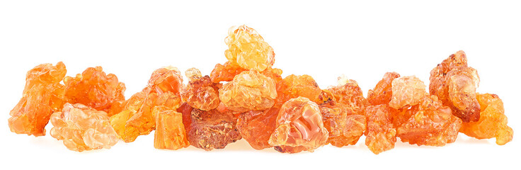 Pile of natural frankincense Olibanum isolated on a white background. Incense. Perfumes.