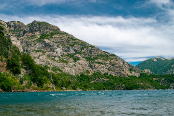 Patagonia Landscape.  Blue water ,green forest, mountains