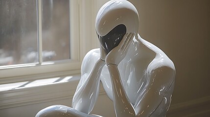 A white, human-like statue sits with its head in its hands in front of a window.