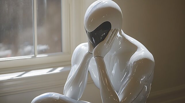 A white, human-like statue sits with its head in its hands in front of a window.