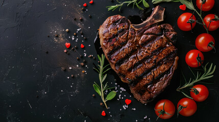 top view of grilled beef steak for valentines day in black background, restaurant.