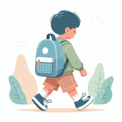 vector of little boy walking carrying backpack