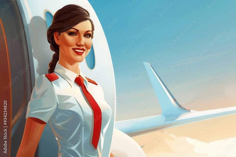 Aufkleber A flight attendant stands by an airplane window, smiling warmly as she prepares to attend to passengers during their journey. Generative AI