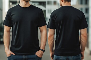 A man wears a plain black t-shirt, front and back, for a t-shirt design mock up