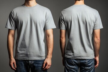 A man wears a plain gray t-shirt, front and back, for a t-shirt design mock up 
