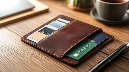 A business wallet with a sleek design, holding essential cards and a pen, laid on a desk
