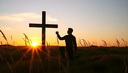 Silhouette of man kneeling near the wooden Christian cross on a nature meadow grass field outdoor at sunset