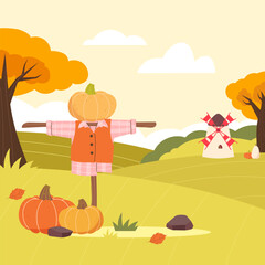 harvest festival background. Field. Autumn background. Scarecrow, pumpkins in the field