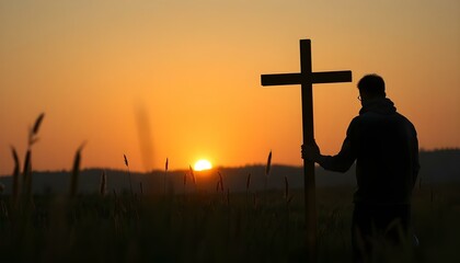 Silhouette of man kneeling near the wooden Christian cross on a nature meadow grass field outdoor at sunset