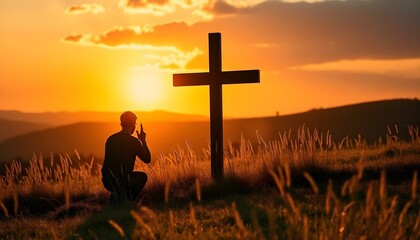 Silhouette of man kneeling near the wooden Christian cross on a nature meadow grass field outdoor at sunset
