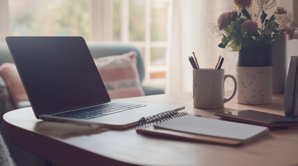 Fototapeta premium Cozy Home Office Workspace with Laptop, Coffee Mug, and Natural Lighting