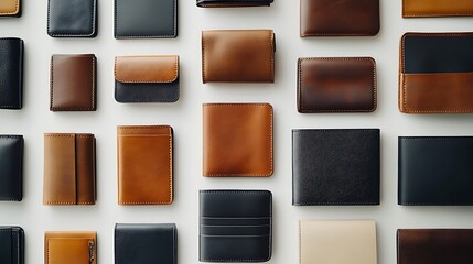 Fototapeta premium A family of wallets, each in different sizes and styles, arranged in a flat lay composition