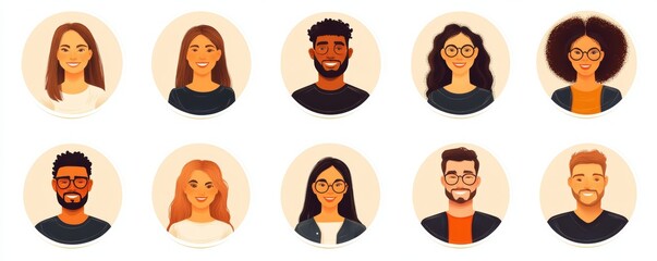 Set different person portrait of big diverse business team  flat illustration. Collection of people avatars isolated. Bundle of joyful smiling colleagues. Man and woman faces at round, Generative AI