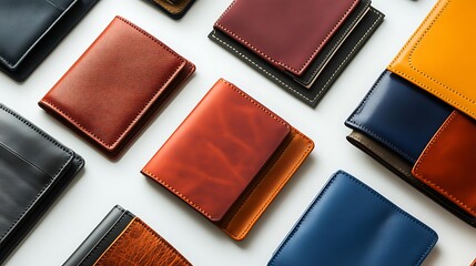 Fototapeta premium A group of wallets in different colors and materials, arranged neatly on a clean white background