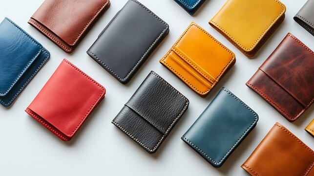 A group of wallets in different colors and materials, arranged neatly on a clean white background