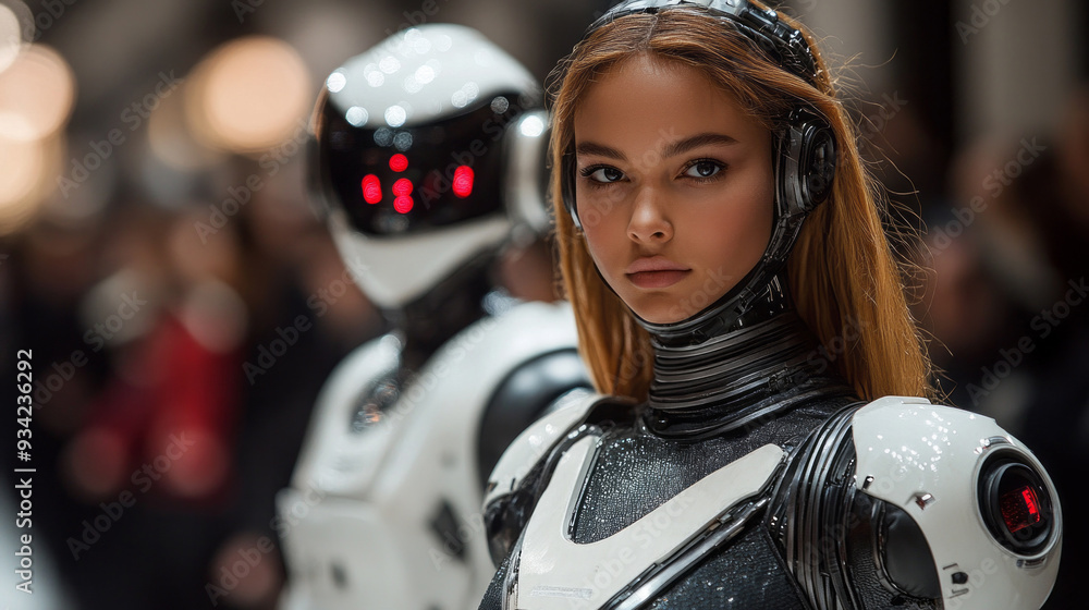 Poster amid a vibrant tech event, a futuristic woman and a robot stand side by side, blending cutting-edge 