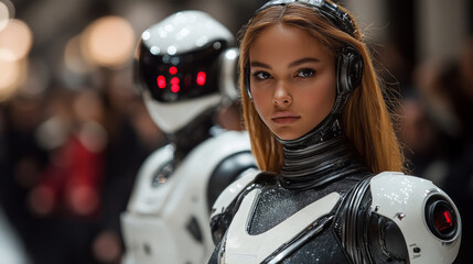 Amid a vibrant tech event, a futuristic woman and a robot stand side by side, blending cutting-edge design with a captivating presence, attracting the attention of onlookers
