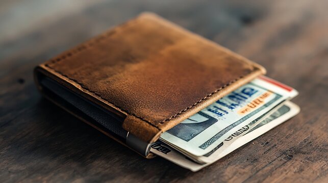 A minimalist wallet with a money clip, displayed with a few bills and cards