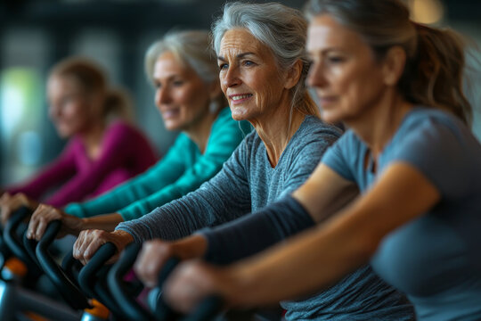 gruppo di donne anziane fa spinning in una palestra, Generative AI
