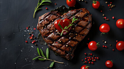 top view of grilled beef steak for valentines day in black background, restaurant.