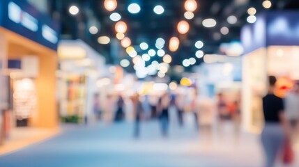 Blur, defocused background of public exhibition hall. Business tradeshow, job fair, or stock market. Organization or company event, commercial trading, or shopping mall marketing advertisement concept