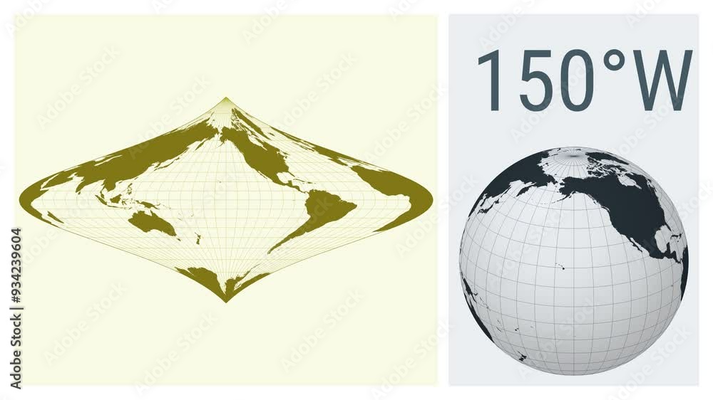 Poster world map animation. foucaut stereographic equivalent projection. solid color style. animated world 