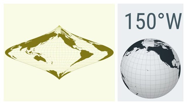 World Map Animation. Foucault stereographic equivalent projection. Solid color style. Animated world map in Foucault projection. Loopable animation showing longitude shift and matching globe.