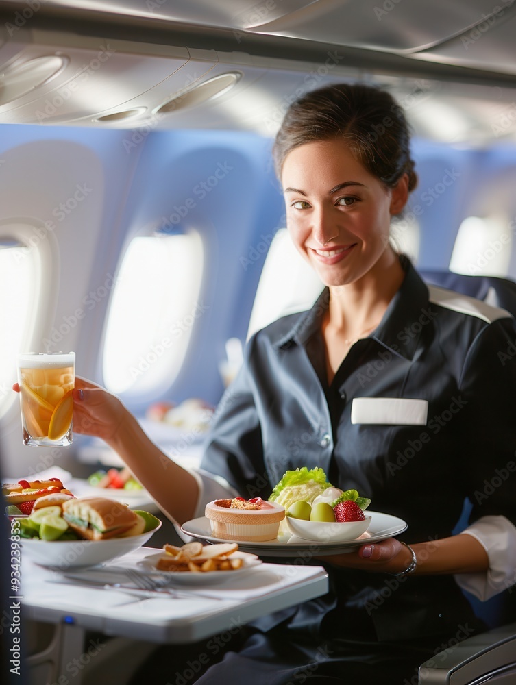 Poster a flight attendant smiles while serving a tray of food and drinks to passengers onboard an aircraft 