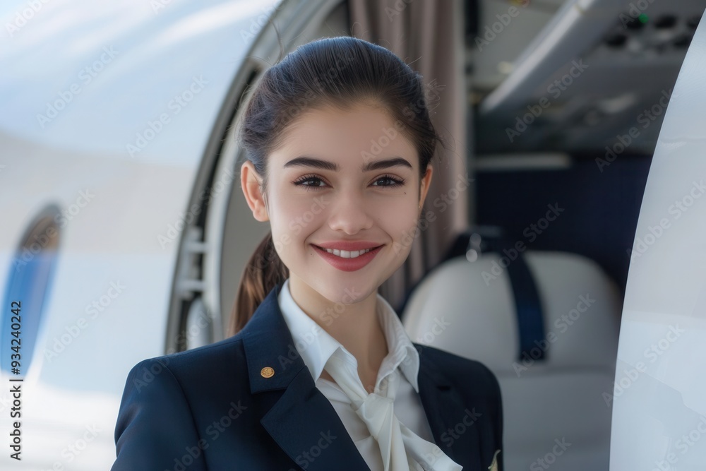 Poster a friendly flight attendant in uniform greets travelers inside an aircraft, preparing for departure 
