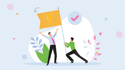 Two businessmen raising a flag with a trophy symbol, representing teamwork, success, and achieving goals in a business context.

