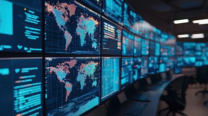 Global remote work environment with diverse digital screens displaying different time zones, advanced scheduling software, remote work, global coordination technology