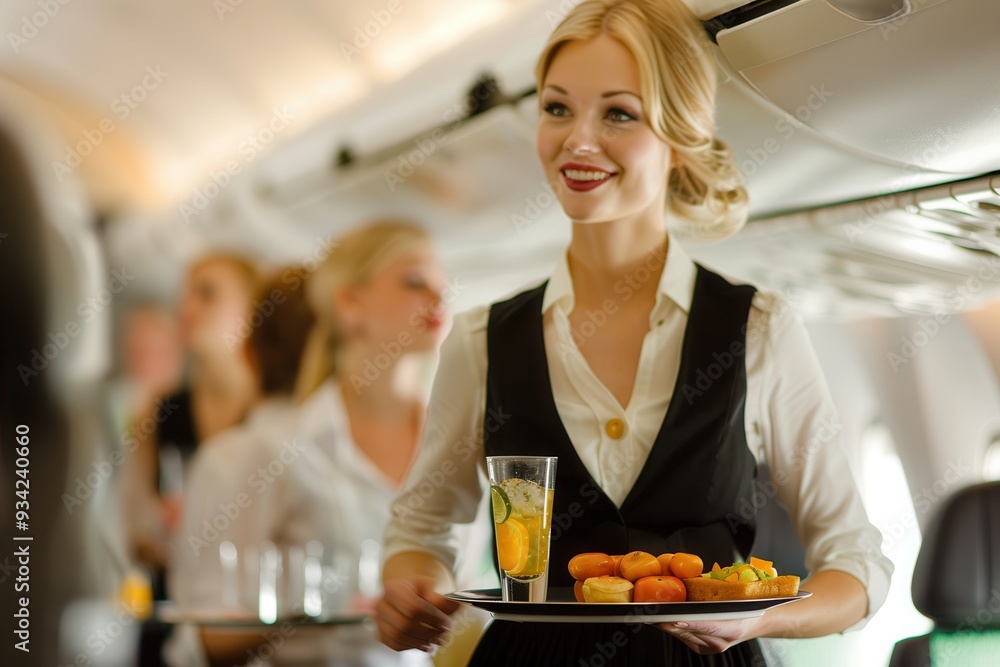 Poster A flight attendant serves drinks and snacks to passengers while smiling in the airplane cabin during a flight. Generative AI