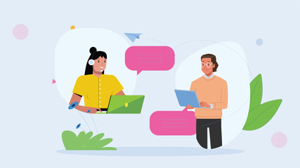 Two colleagues engaging in an online chat, symbolizing remote work, virtual communication, and collaboration in a digital workplace.

