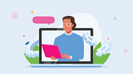 Illustration of a man working on a laptop with gears and leaves in the background, symbolizing online work, productivity, and digital operations.

