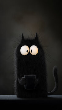 Cute black cartoon cat with wide, surprised eyes holding a dark mug, set against a shadowy background