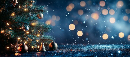 Christmas tree with decorations on a dark blue background with bokeh lights wide format