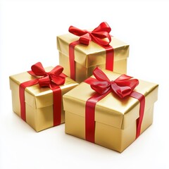 Obraz premium Three golden gift boxes with red ribbons isolated on a white background front view