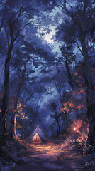 Scary Forest Camping Anime Illustration with Horror Ambient and Tent in Nature