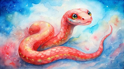 Obraz premium A charming watercolor illustration of a red snake with big, curious eyes against a soft blue and pink cloud background. Perfect for holiday-themed children’s books, greeting cards, or whimsical holida