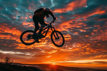 extreme sports athlete mid-air on a mountain bike, depicting the adventure and challenge of the sport with a stunning sunset backdrop