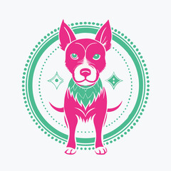 Stylized dog illustration with bright colors and geometric background elements