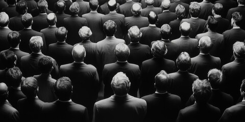 Obraz premium A black and white photo of a large group of people, all wearing suits, from the back, Generative AI