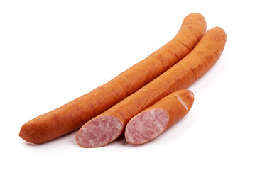 Smoked pork Krakow sausage, isolated on white background.